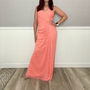 Coral tulle/net maxi dress with ruching and back detail. David’s Bridal.